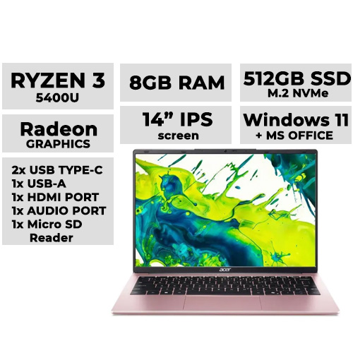 Acer Aspire Lite 14 (Pink) Laptop 14" IPS | Ryzen 3 5400U | 8GB DDR4 | 512GB NVMe SSD | Radeon Graphics (Model: AL14-45P-R9UE)